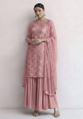 Muave Embroidered Net Sharara Set