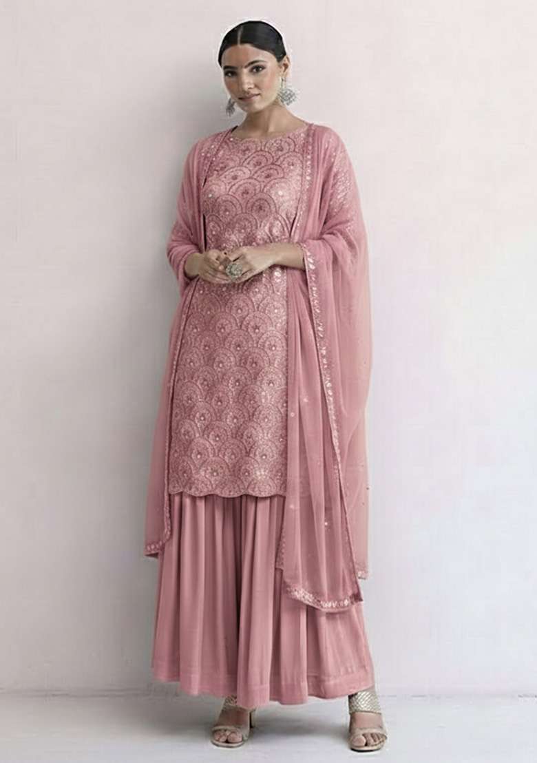 Muave Embroidered Net Sharara Set - Indya