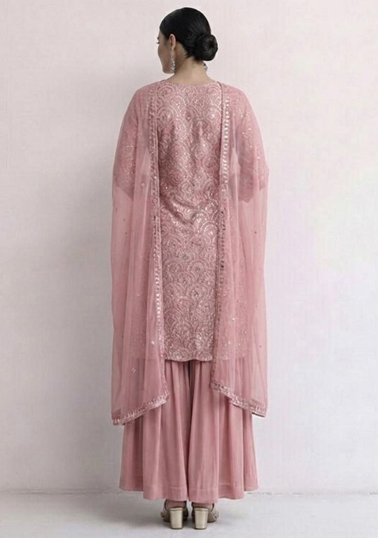 Muave Embroidered Net Sharara Set - Indya