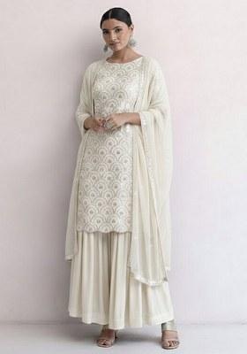 Off White Embroidered Net Sharara Set