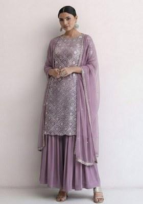 Lavender Embroidered Net Sharara Set