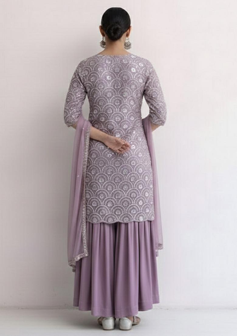 Lavender Embroidered Net Sharara Set - Indya