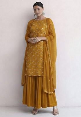 Mustard Embroidered Net Sharara Set