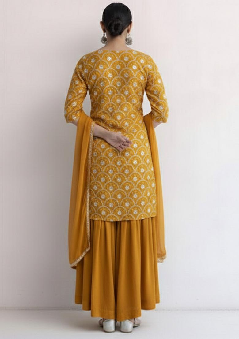 Mustard Embroidered Net Sharara Set - Indya