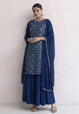 Navy Blue Embroidered Net Sharara Set