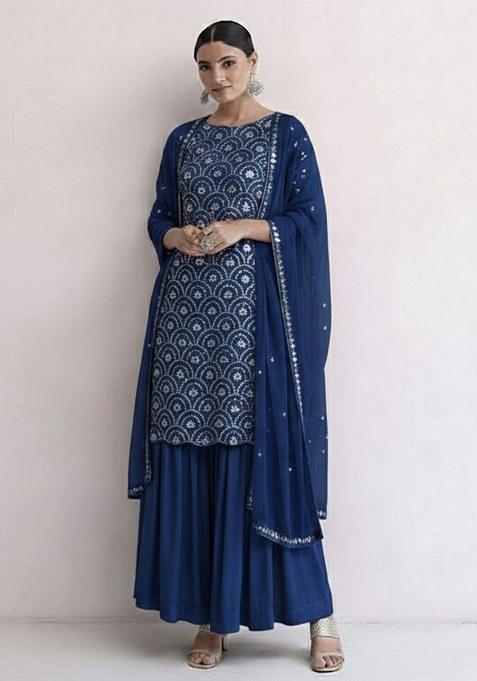 Navy Blue Embroidered Net Sharara Set