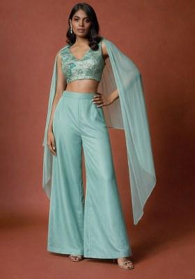 Aqua Blue Embroidered Crepe Fusion Set