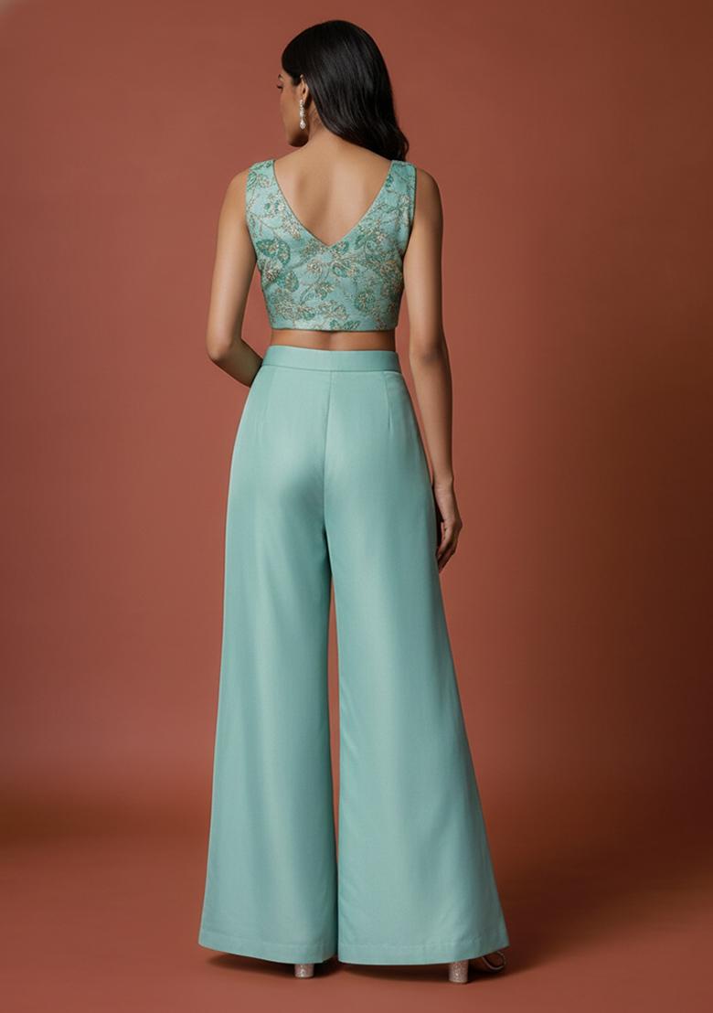 Aqua Blue Embroidered Crepe Fusion Set - Indya