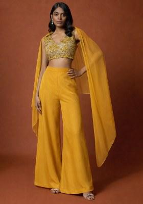 Mustard Embroidered Crepe Fusion Set