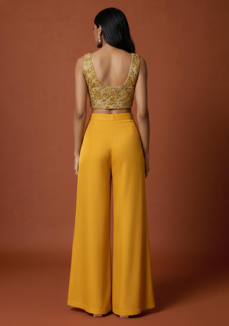 Mustard Embroidered Crepe Fusion Set - Indya