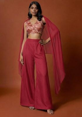 Burgundy Embroidered Crepe Fusion Set