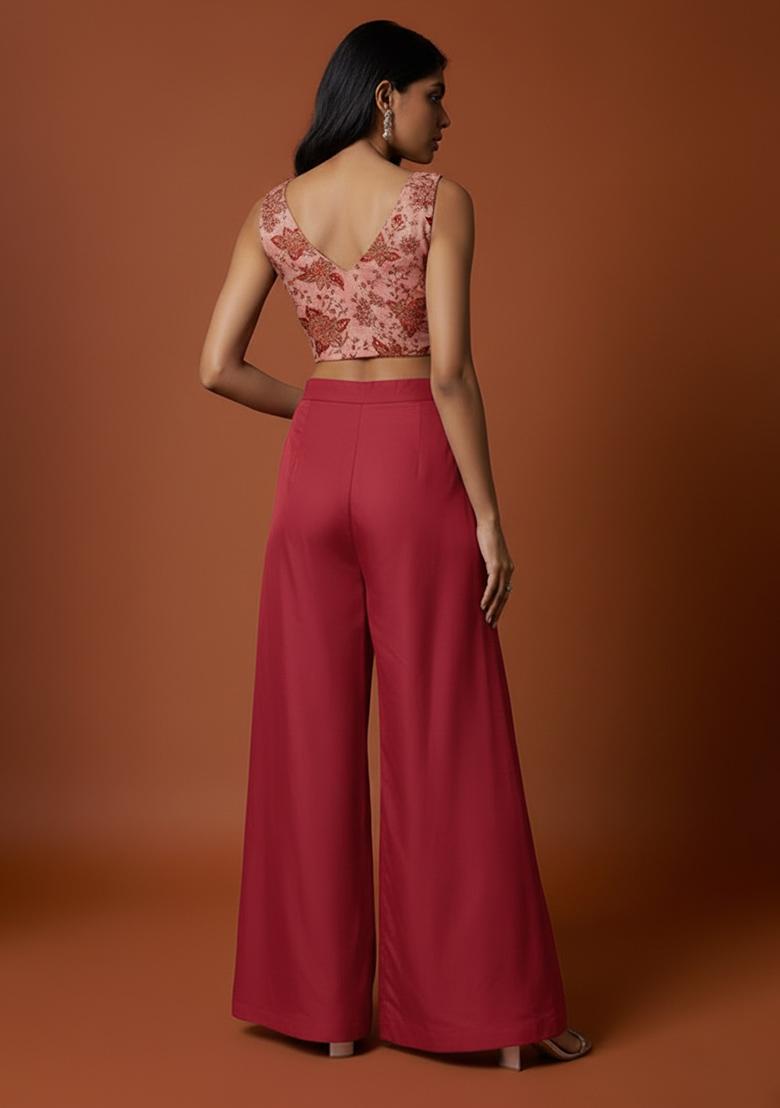 Burgundy Embroidered Crepe Fusion Set - Indya