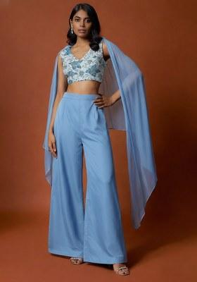 Sky Blue Embroidered Crepe Fusion Set