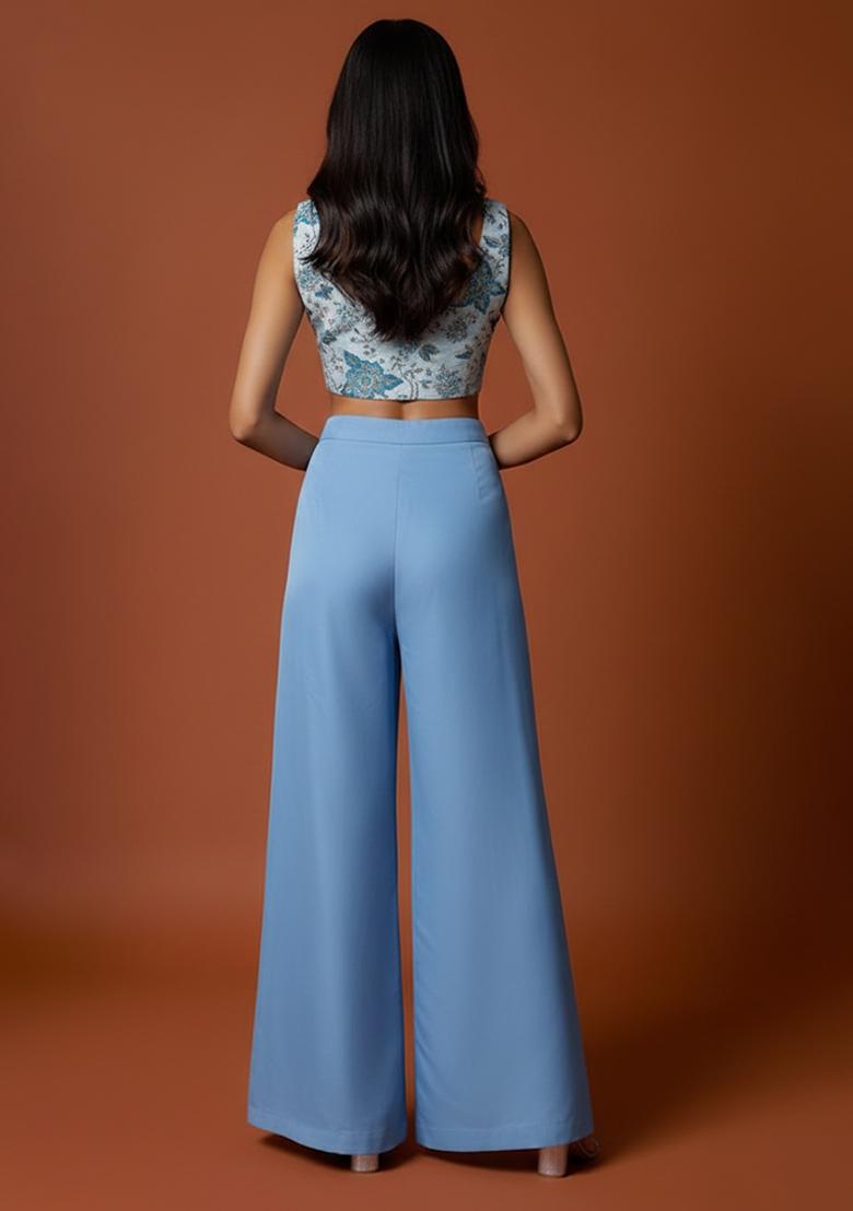 Sky Blue Embroidered Crepe Fusion Set - Indya