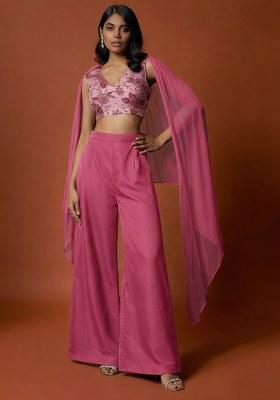 Mauve Embroidered Crepe Fusion Set