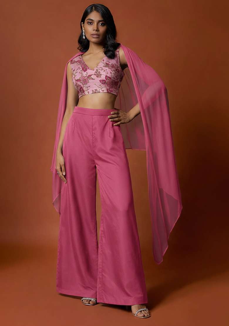 Mauve Embroidered Crepe Fusion Set for Diwali and Festive Wear - Indya