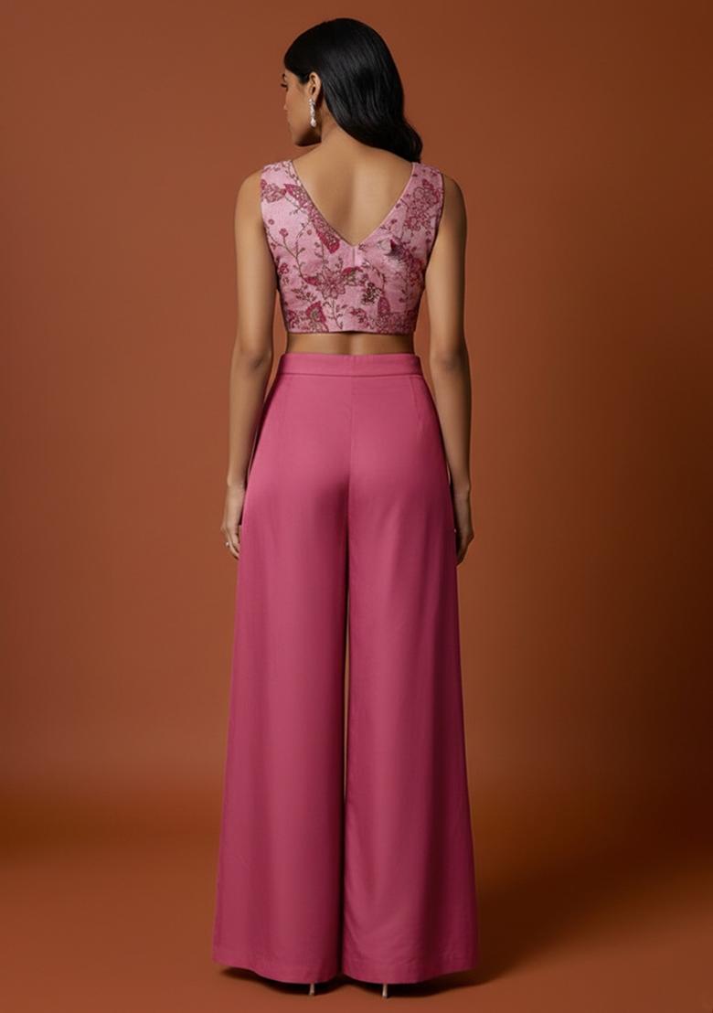 Mauve Embroidered Crepe Fusion Set - Indya