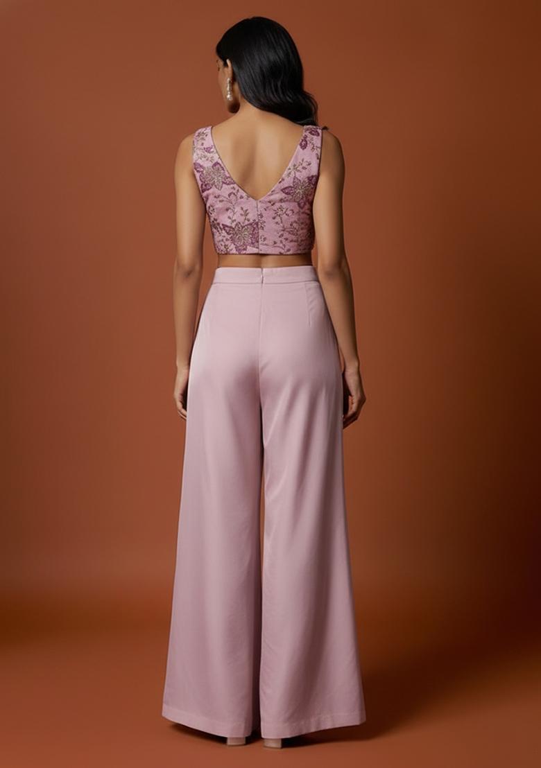 Blush Pink Embroidered Crepe Fusion Set - Indya