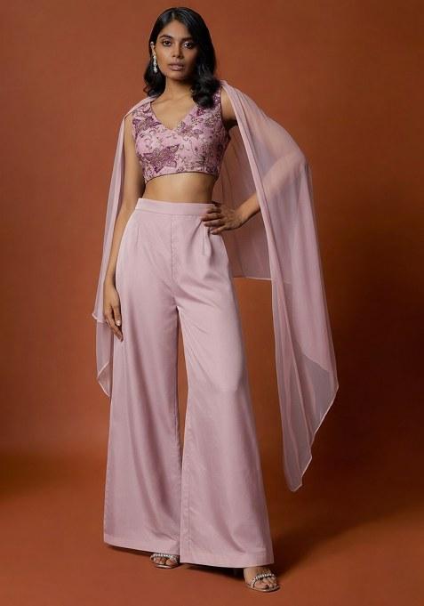 Blush Pink Embroidered Crepe Fusion Set