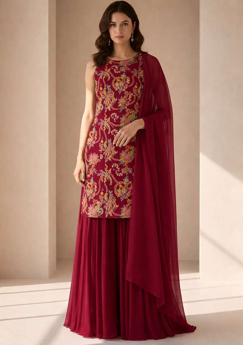 Maroon Embroidered Crepe Sharara Set - Indya