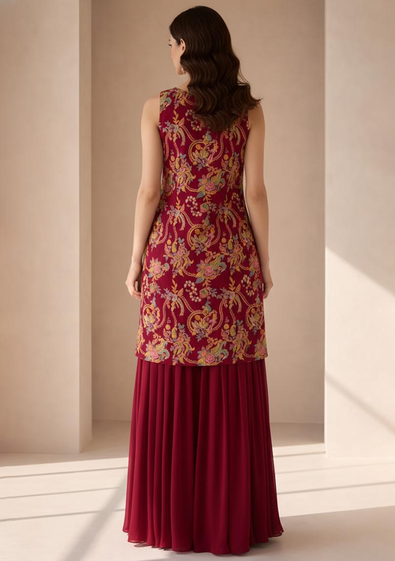 Maroon Embroidered Crepe Sharara Set - Indya
