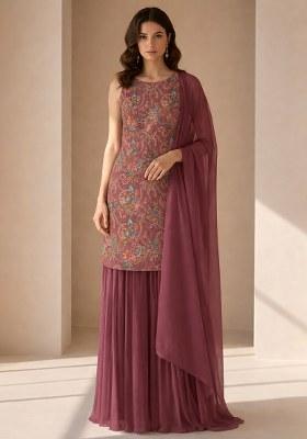 Plum Embroidered Crepe Sharara Set