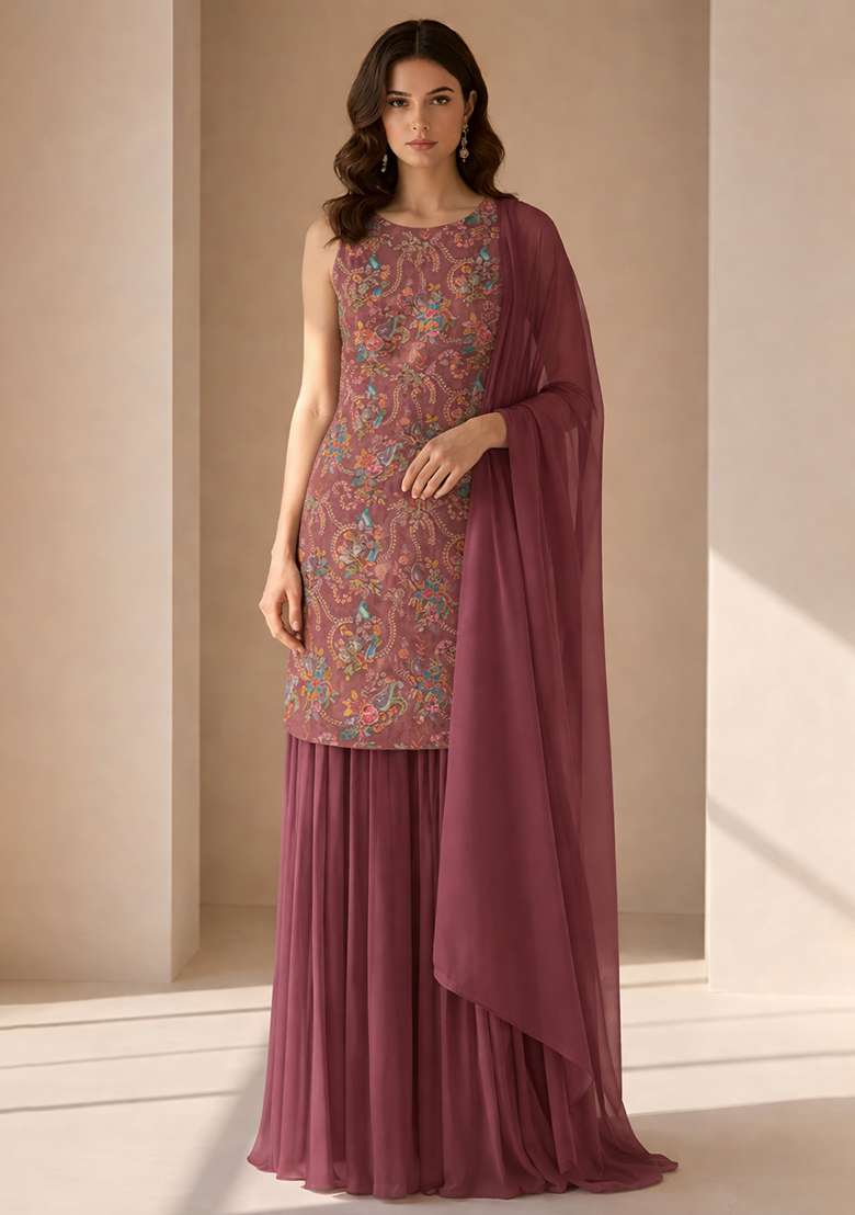 Plum Embroidered Crepe Sharara Set - Indya