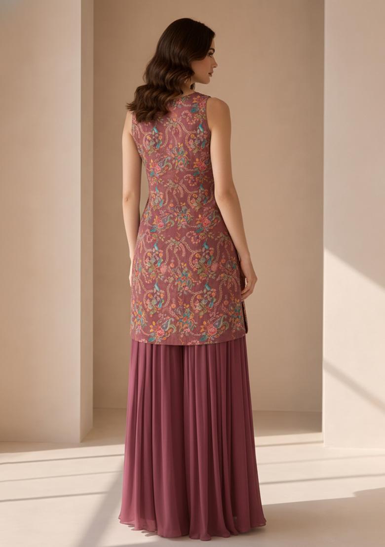 Plum Embroidered Crepe Sharara Set - Indya