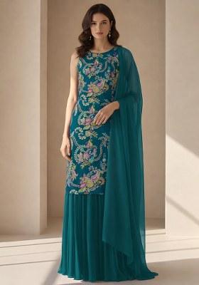Teal Blue Embroidered Crepe Sharara Set