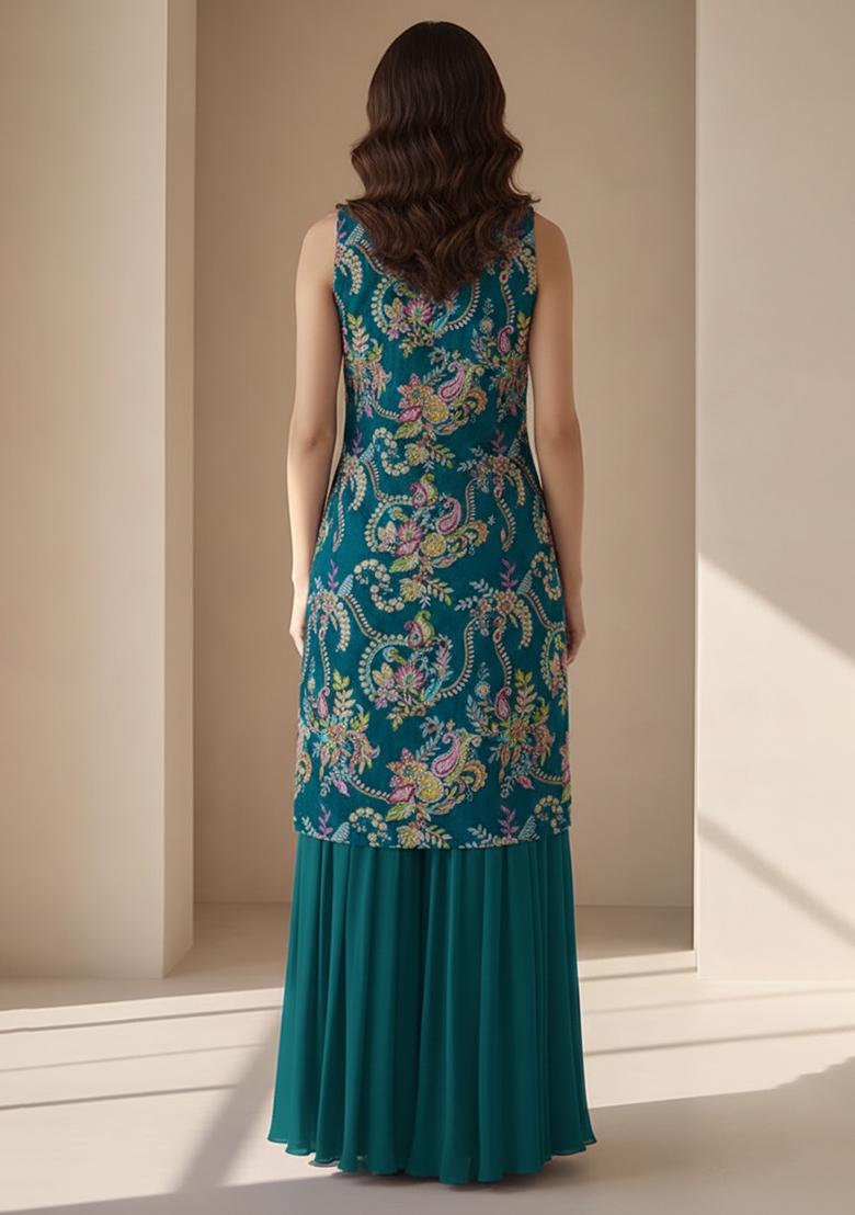 Teal Blue Embroidered Crepe Sharara Set - Indya