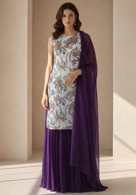 Purple Embroidered Crepe Sharara Set