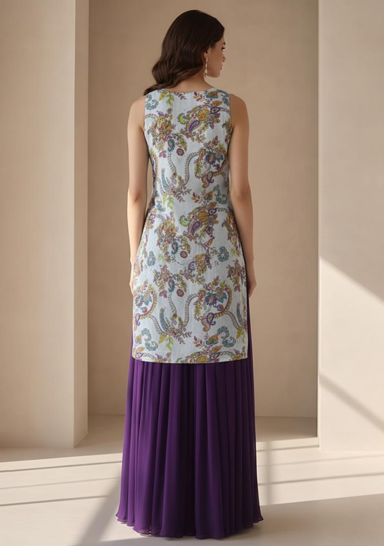 Purple Embroidered Crepe Sharara Set - Indya