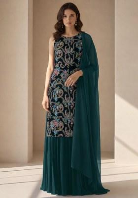 Teal Blue Embroidered Crepe Sharara Set