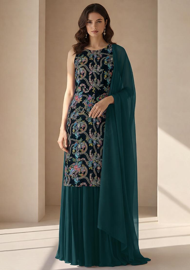Teal Blue Embroidered Crepe Sharara Set - Indya