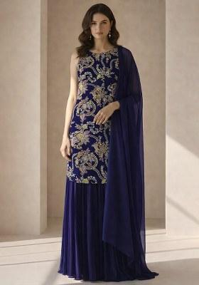 Navy Blue Embroidered Crepe Sharara Set