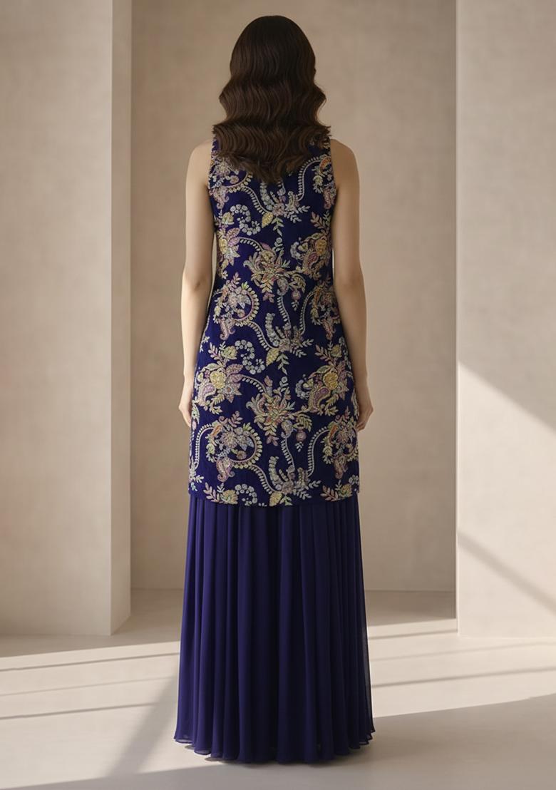 Navy Blue Embroidered Crepe Sharara Set - Indya