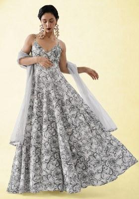 Light Grey Floral Print Crepe Anarkali With Dupatta