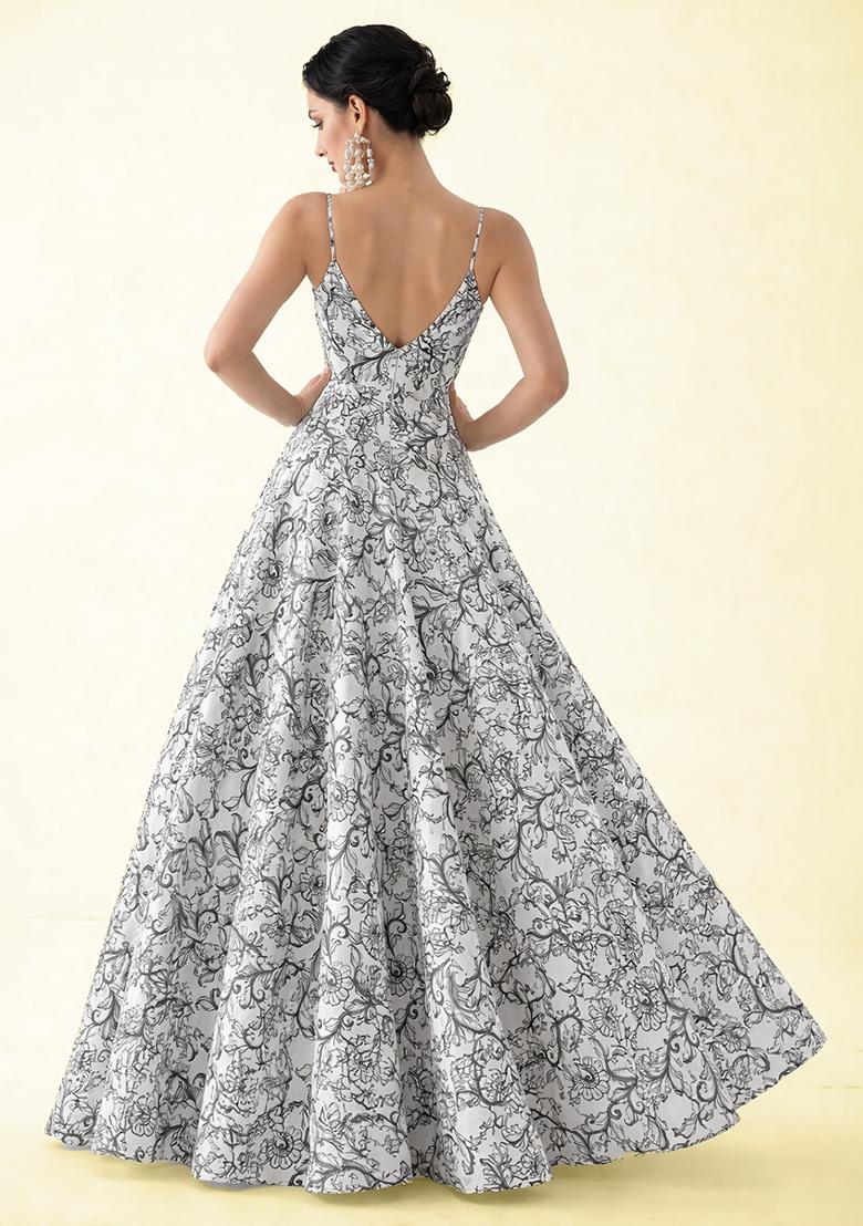 Light Grey Floral Print Crepe Anarkali With Dupatta - Indya