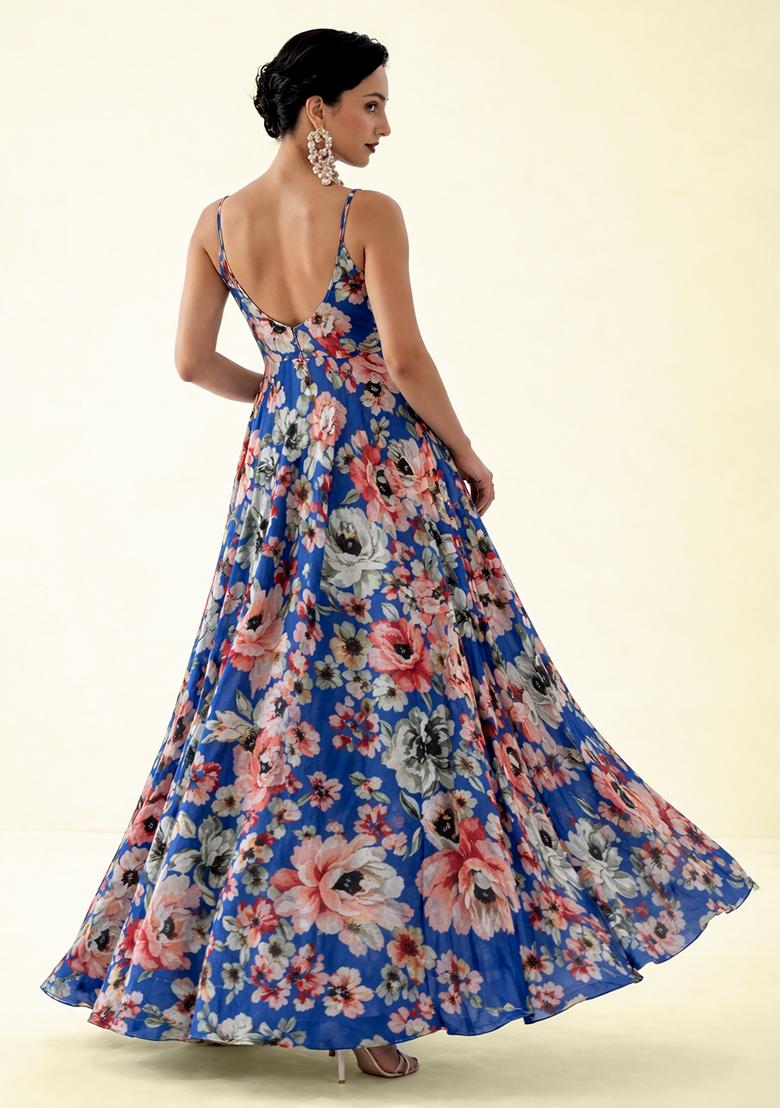 Blue Floral Print Crepe Anarkali With Dupatta - Indya