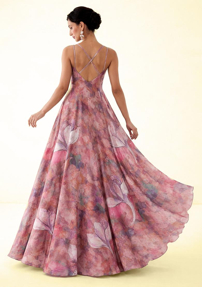 Pink Floral Print Crepe Anarkali With Dupatta - Indya