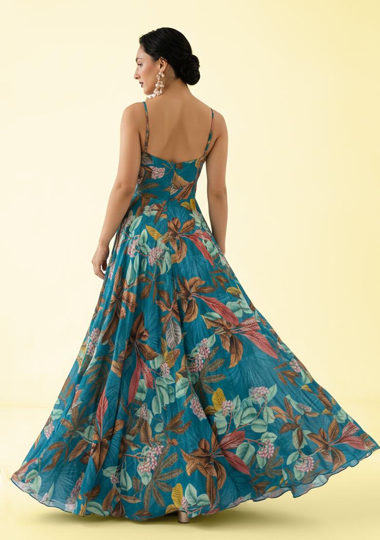 Turquoise Floral Print Crepe Anarkali With Dupatta - Indya