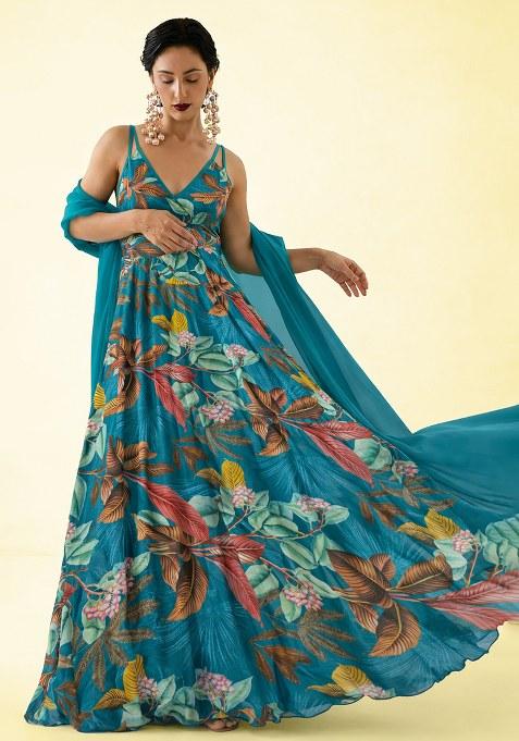 Turquoise Floral Print Crepe Anarkali With Dupatta