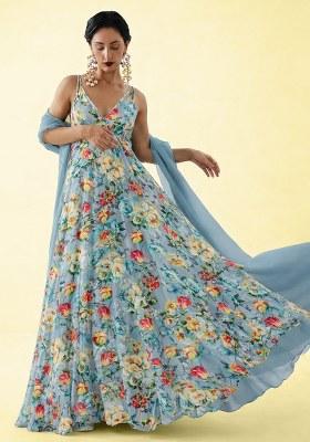 Ice Blue Floral Print Crepe Anarkali With Dupatta