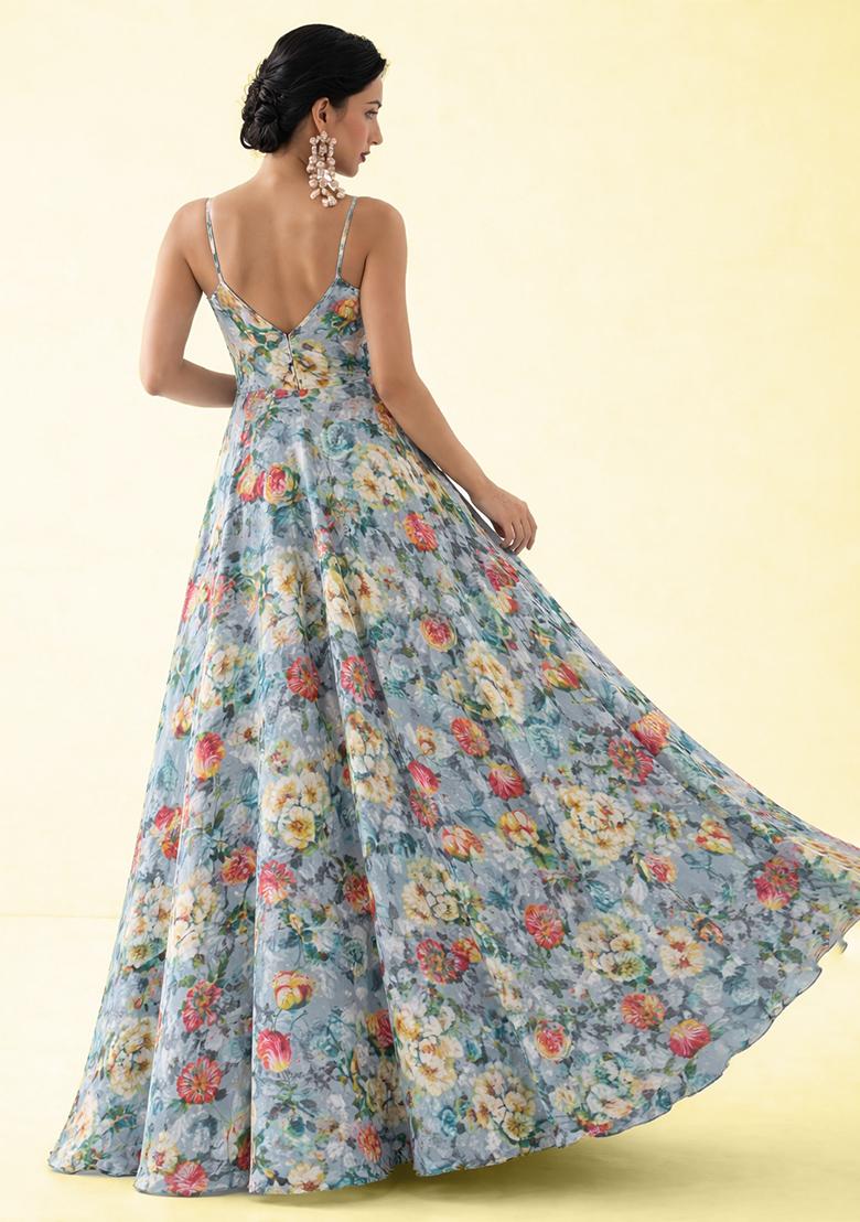 Ice Blue Floral Print Crepe Anarkali With Dupatta - Indya