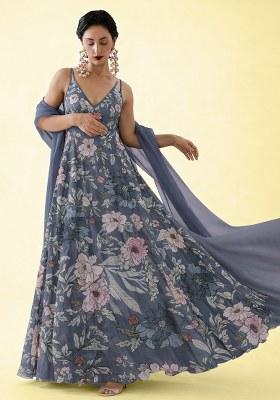 Grey Floral Print Crepe Anarkali With Dupatta