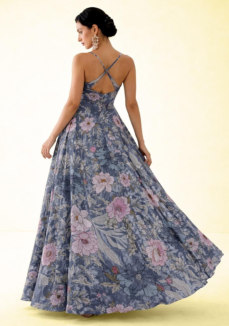 Grey Floral Print Crepe Anarkali With Dupatta - Indya