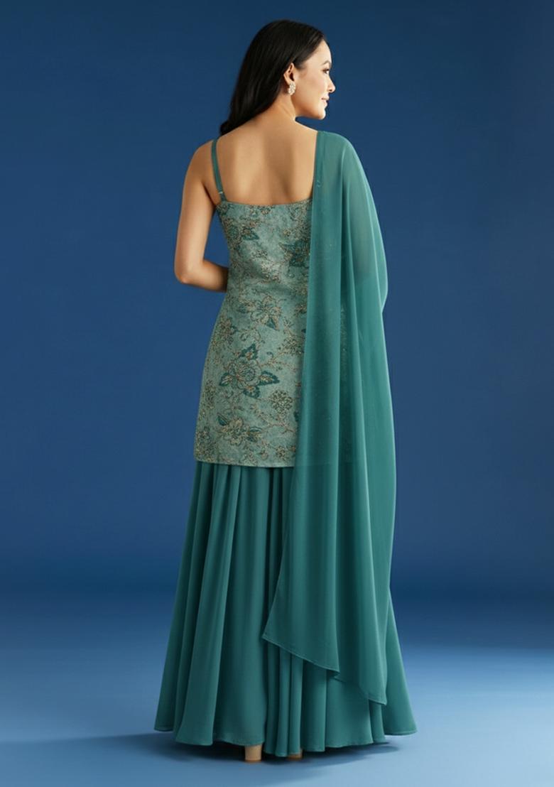 Teal Blue Embroidered Crepe Sharara Set - Indya