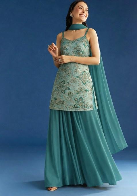 Teal Blue Embroidered Crepe Sharara Set