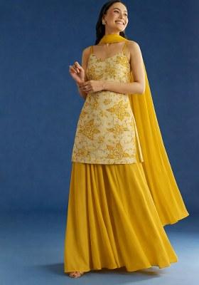 Yellow Embroidered Crepe Sharara Set