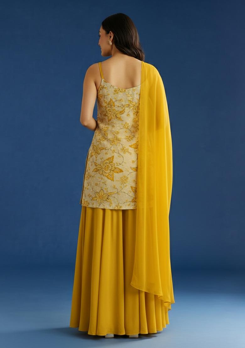 Yellow Embroidered Crepe Sharara Set - Indya